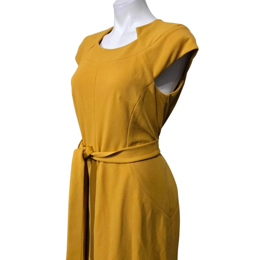 Kasper Dress Med Mustard Yellow Belted Cap Sleeve Sheath  Stretch Church career